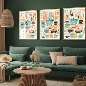 Pots and Pans - Set of Three Kitchen Décor Art Prints - Wall Art, Restaurant Décor, 3 Cooking Posters, Bowls, Containers, Paintings, Cook