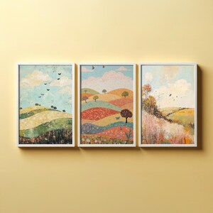 Rolling Butterfly Landscape Art Prints in Pistachio, Mahogany and Breeze - Set of Three Posters, Painting - North Downs