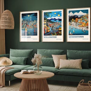 Set of Three New Zealand Travel Posters - Auckland, Wellington, Queenstown - 3 Modern Art Prints - Photo Painting Illustration Gift Map Kiwi