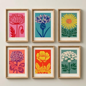 Set of Six Wildflower Linocut Art Prints - 6 Bold Illustrations - Poppy, Thistle, Daisy, Clover, Buttercup, Cow Parsley - Poster