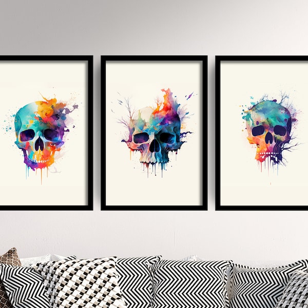Set of Three Skull Watercolour Prints - 3 Art Paintings Poster Photo Wall Gift Museum Giclée - Halloween Human Head, Cranium Bone Abstract