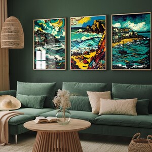 Penzance, Newquay, St. Ives Cornwall Posters - Set of Three Art Prints - Dark Moody Paintings - Set of 3 Home Wall Decor- Surfing Spot
