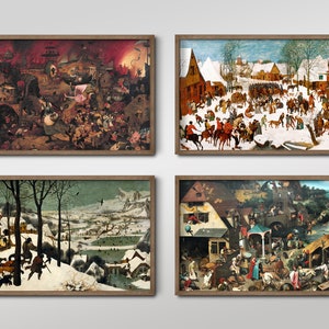 Set of Four Pieter Bruegel the Elder #3 - 4 Classic Paintings - Photo Poster Wall Art Gift Giclée Museum Quality - Snow Scenes White Tones
