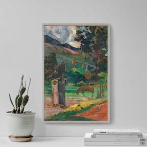 Peut inclure: Une peinture repr&eacute;sentant un paysage verdoyant avec deux personnages au premier plan. Les personnages sont v&ecirc;tus de v&ecirc;tements color&eacute;s et se dirigent vers un cheval brun. L'arri&egrave;re-plan pr&eacute;sente des collines vallonn&eacute;es et un ciel nuageux.