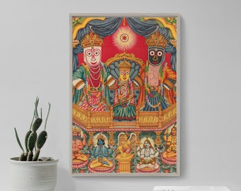 May include: A vintage illustration depicting three Hindu deities seated on ornate thrones. The central figure is a woman with a crown and a red and green robe. The figures on either side are men with crowns and blue and gold robes. The background is a red and gold design with a blue canopy.
