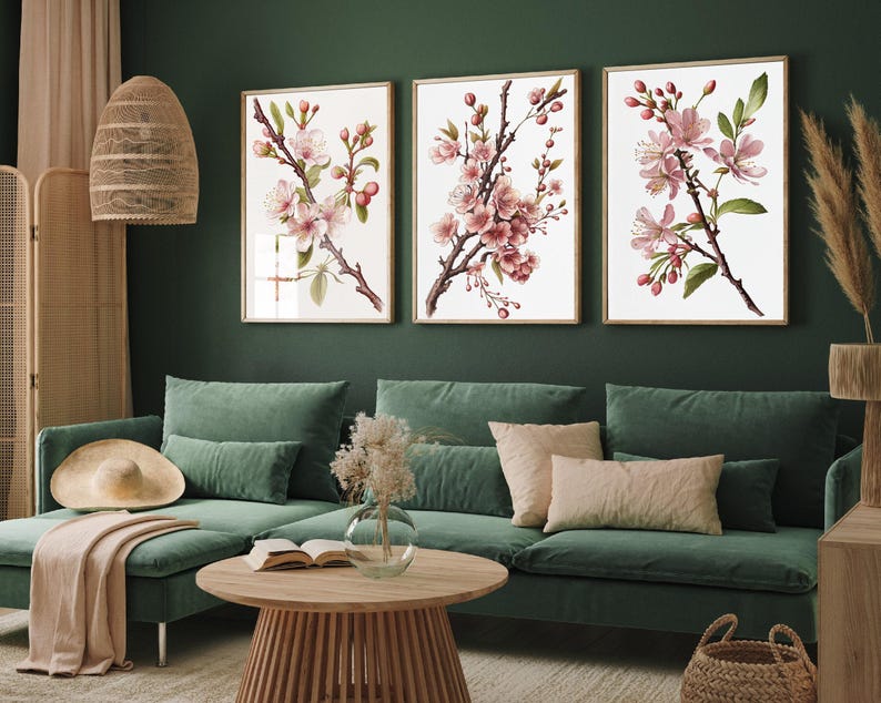Set of Three Cherry Blossom Branch Art Prints - 3 Pink Floral Paintings ...
