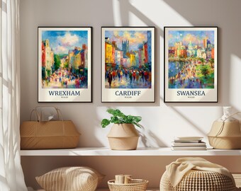 Cities of Wales After Matisse Paintings - Set of Three Vibrant Art Prints - 3 Posters of Wrexham, Cardiff, Swansea, Capital Welsh Castle