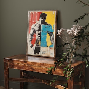 Retro Bodybuilder Art Print - Muscular Male Physique Poster - Vintage Pop Art Fitness Illustration - Gym Wall Art V4 1/3