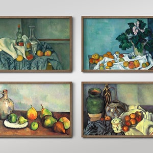 May include: Four framed still life paintings featuring various fruits, vegetables, and pottery. The paintings are in a muted colour palette of greens, blues, and browns.