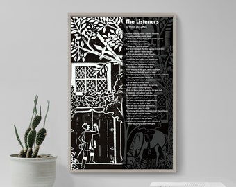 The Listeners - Poem by Walter De La Mare - Art Print Poster Gift Photo Quote Wall Home Decor - Woodblock Design