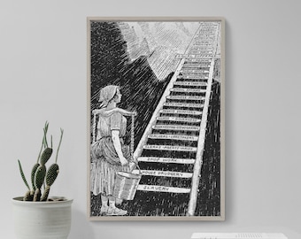 Op de afbeelding: Zwart-wit prent van een vrouw met een emmer, naast een ladder. De ladder is gelabeld met verschillende beroepen, die leiden naar "Gelijk kiesrecht". De onderste trede luidt "Slavernij".