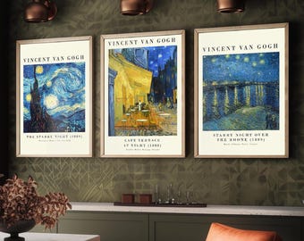 Set of Three Vincent Van Gogh Night Scene Prints - 3 Paintings Photo Poster Wall Art Gift Giclée Museum Starry Night Rhone Night Café