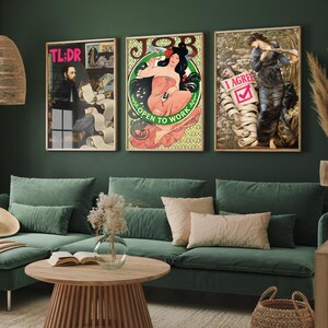 May include: Three framed wall art prints featuring satirical illustrations. The left print shows a man with a long scroll and the text TL;DR. The center print depicts a person with long dark hair and the text JOB OPEN TO WORK. The right print shows a figure holding a scroll with the text I AGREE.