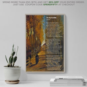 Poema al otoño de John Keats - Árboles - Póster impreso artístico, foto de regalo, cita, pared, decoración del hogar, hilera de árboles, pintura, imagen de paseo por el bosque