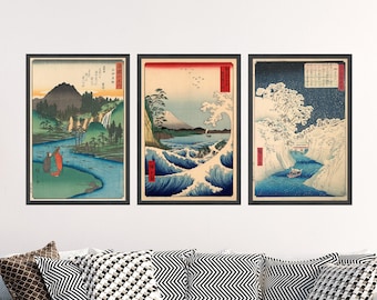 Set of Three Utagawa Hiroshige Water Prints - 3 Classic Paintings - Photo Poster Wall Art Gift Giclée Museum Quality - Jewel River, Seascape