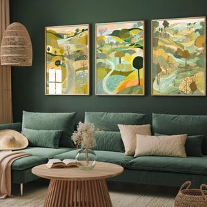 Landscape Illustrations in Yellow and Green - Set of Three Abstract Prints - Hawkshead, Lake District Poster, Wales Art, Painting Valley
