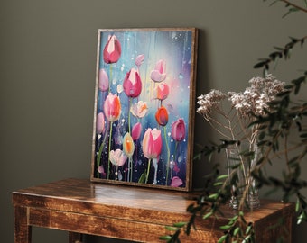 Tulips in Blue and Pink 2 - Art Print Poster Painting - Museum Quality Giclee Home Wall Décor