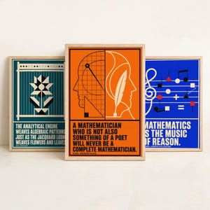 May include: Three framed rectangular posters featuring mathematical themes. The left poster is teal with a geometric flower and text about the Analytical Engine. The centre is orange with a profile, quill, and Karl Weierstrass quote. The right is blue with musical notes and a quote.