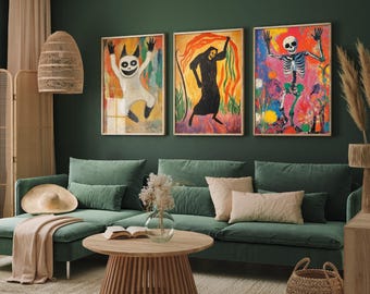 Halloween-Tanzfiguren – Dreiteiliges Kunstdruck-Set: 3 lustige Bilder von Geistern, dem Sensenmann und Skeletten – Poster, Wanddekoration, Giclée-Druck, Feiertagsmotiv