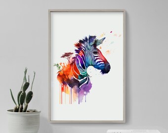 Zebra Watercolour - Art Print Poster - Colourful Paint Splashes - Gift Home Wall Décor Giclee - Jungle Animal Black and White Stripes