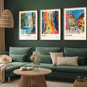 Set of Three Croatia Travel Posters - Plitfice Lakes, Split, Zagreb - 3 Modern Art Prints - Photo Painting Illustration Gift Map
