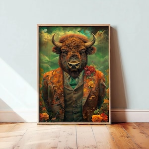 Peut inclure: Une impression d'art encadrée représentant le portrait d'un bison à cornes, vêtu d'un blazer marron à motifs, d'un gilet vert et d'une cravate verte. Le bison est orné de fleurs rouges et jaunes sur le revers, sur un ciel vert nuageux.