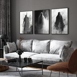 Nightmares in Halloween Fog Set of Three Art Prints - 3 Demon, Ghost and Grim Reaper Paintings - Poster Wall Gift Giclée Holiday #L2