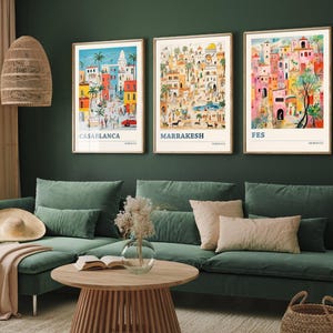 Juego de tres pósteres de viaje de Marruecos: Casablanca, Marrakech, Fez. Tres láminas de arte moderno. Ilustración fotográfica. Regalo ideal para amantes de Marruecos.