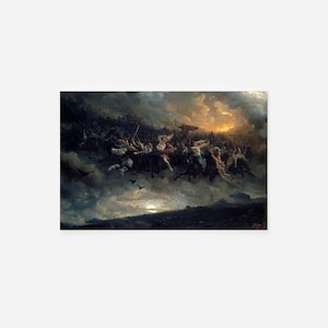 May include: A painting of a dramatic battle scene in the sky. Figures on horseback and in flight are set against a stormy sky with a bright, golden light. Dark clouds and silhouettes of birds add to the dynamic composition.