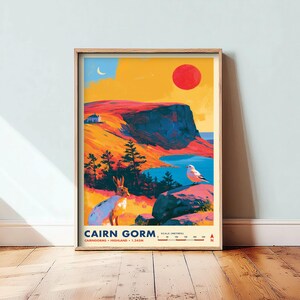 May include: A framed art print featuring a landscape of Cairn Gorm with a mountain, a lake, a hare, and a bird. The sky is yellow with a red sun and a crescent moon. The text reads CAIRN GORM, CAIRNGORMS HIGHLAND 1,245M, and includes a scale.