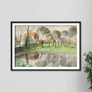 Eric Ravilious - Newt Pond (1935) - Classic Painting Photo Poster Print Art Gift Wall Home Decor - Lake Reflections Trees and Houses