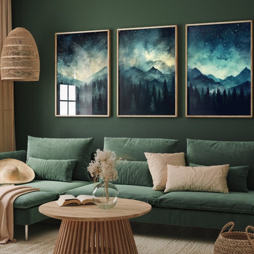 Teal Dark Night With Stars Set of Three Art Prints - Blue Mountains 3 Posters - Painting Illustration Home Wall Decor Misty Forest Navy