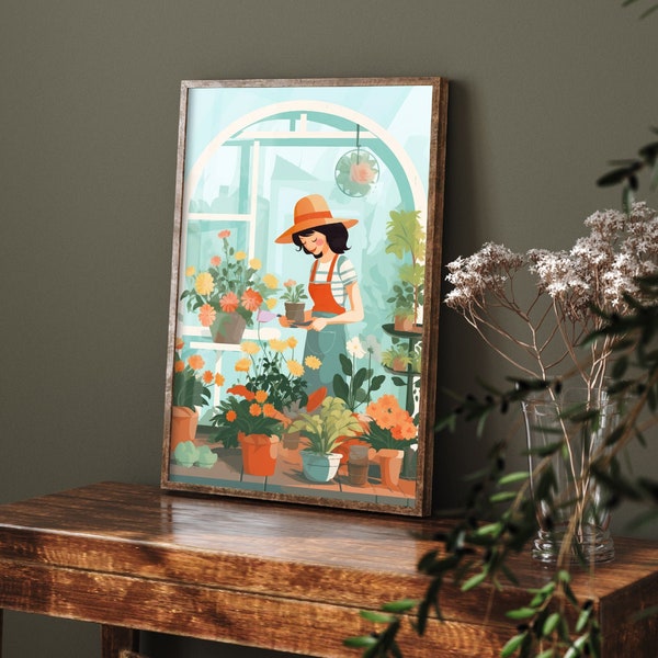 A Middle Aged Woman Gardening Simple Illustration 4 - Art Print Poster Painting - Museum Quality Giclee Home Wall Décor