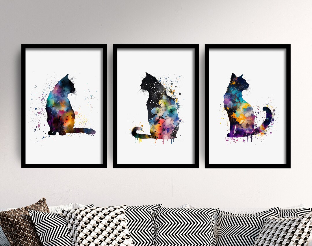 Set of Three Cat Watercolour Prints - 3 Art Paintings Poster Photo Wall ...