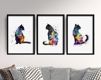 Set of Three Cat Watercolour Prints - 3 Art Paintings Poster Photo Wall Gift Museum Giclée - Gift for Cat Lover, Feline, House, Pet, Black