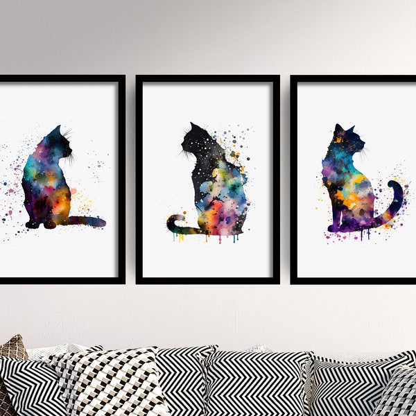 Set of Three Cat Watercolour Prints - 3 Art Paintings Poster Photo Wall Gift Museum Giclée - Gift for Cat Lover, Feline, House, Pet, Black