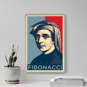 May include: A vintage-style poster featuring a portrait of Leonardo Fibonacci, a famous Italian mathematician. The poster has a red, white, and blue color scheme, similar to the American flag. The text "FIBONACCI" is printed in bold, white letters at the bottom of the poster.
