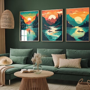 Set of Three Sunset Posters - Mountains and Water Paintings - Kayak and Canoe Art Prints - Futuristic Home Décor Big Moon Sun