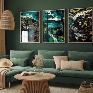 Looe, Falmouth et Polperro Cornwall affiches - lot de trois impressions d'art - peintures de mauvaise humeur - lot de 3 décorations murales - vagues de l'océan