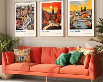 Set of Three South Yorkshire Travel Posters - Rotherham, Sheffield, Doncaster - 3 Modern Art Prints - Photo Painting Gift Visit Map