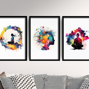 Set of Three Meditation Watercolour Prints - 3 Art Paintings Poster Photo Wall Gift Museum Giclée - Mindfulness Gift, Yoga, Relaxation Woman