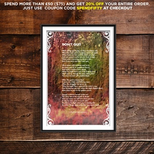 DON&#39;T QUIT Poem Quote Print &quot;When things go wrong...&quot; Original Art Print Poster Photo Gift Motivation Motivational John Greenleaf Whittier