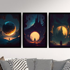 May include: Three framed prints with a dark background and a silhouette of a person standing in front of a large, glowing orb. The orbs are different colors in each print: orange, yellow, and white.