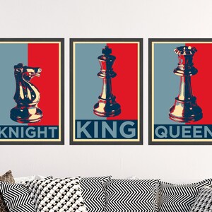 Set of Three Chess Prints - 3 Posters - Wall Art Photo Gift Giclée Museum Quality - King, Queen, Knight, Chessboard, Pieces, Figures