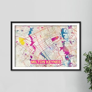 Milton Keynes Map - Original Art Print - City Street Map of Milton Keynes, England - Poster Watercolor Illustration Wall Art Home Decor Gift