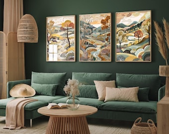 Landscape Illustrations in Honey - Set of Three Abstract Prints - Cumbria Lake District Poster, Wales Art, Painting Valley Derbyshire