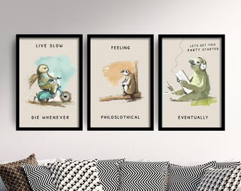 Set med tre roliga sengångare-tryck - Set med 3 komediposters - Fotoväggkonst Gåva Giclée Museumskvalitet, Tvåtåig, Tretåig, Lev långsamt