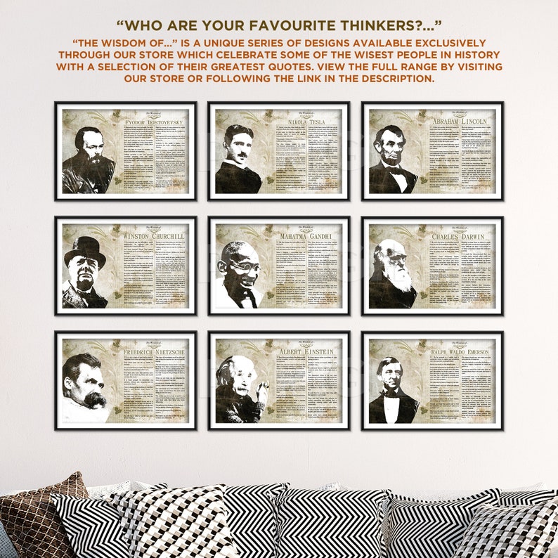 May include: A collage of nine black and white portraits of famous thinkers, including Fyodor Dostoevsky, Nikola Tesla, Abraham Lincoln, Winston Churchill, Mahatma Gandhi, Charles Darwin, Friedrich Nietzsche, Albert Einstein, and Ralph Waldo Emerson. Each portrait is surrounded by a black frame and a vintage-style newspaper background with text.
