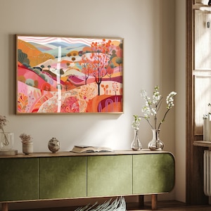 Colourful Abstract Landscape Illustration in Pink Horizontal 3 - Art Print Poster Painting - Giclee Home Wall Décor