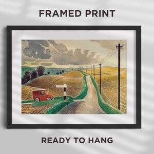 IMPRESIÓN ENMARCADA - Eric Ravilious - Paisaje de Wiltshire (1937) V2 - Pintura, foto, póster, arte, regalo - Red Post Van - Marco negro listo para colgar
